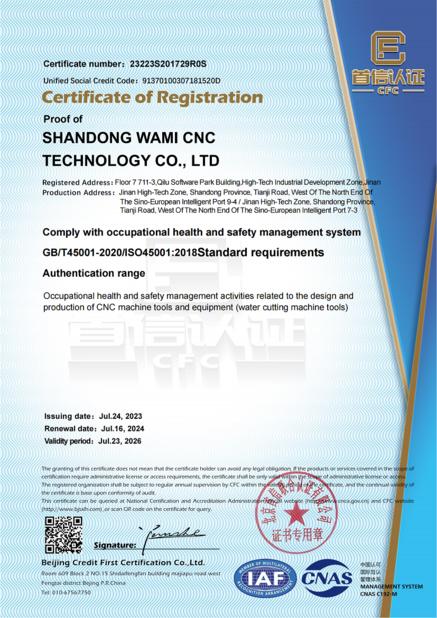 Китай SHANDONG WAMI CNC TECHNOLOGY CO.LTD Сертификаты